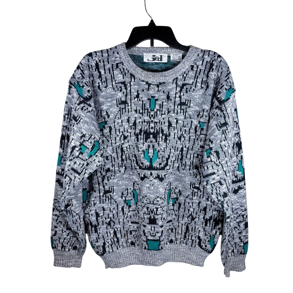 Vintage Jed 80s 90s Geometric Knit Sweater Teal Gray Abstract Grandpa Grunge M
